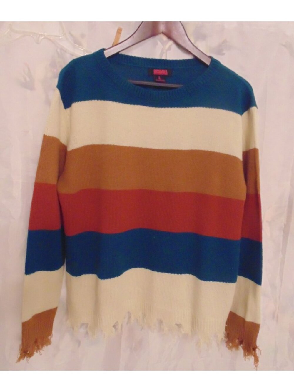 Ladies Rock & Roll Cowgirl Western Striped Sweater Blue Ivory Orange Size L